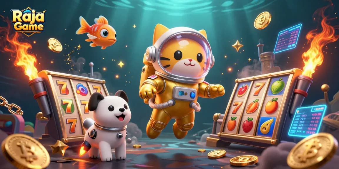 Join the excitement of Raja Game with thrilling slot reels and vibrant characters in a dynamic 3D scene.