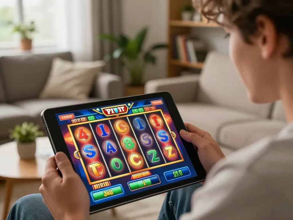 Player spinning reels on a SLOT machine interface in a cozy home setting