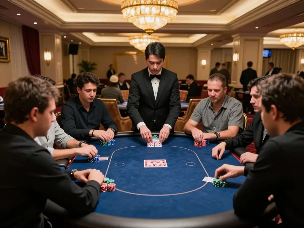 A thrilling poker game at tg88 casino showcasing focused players and a professional dealer