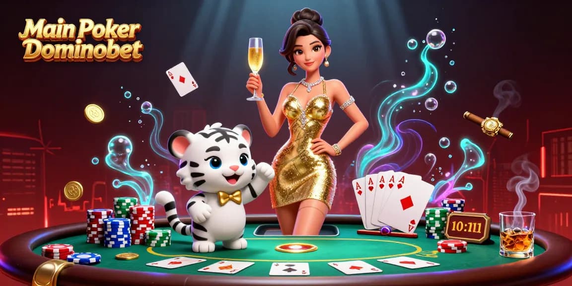 Main Poker Dominobet showcases an exciting 3D poker scene featuring a glamorous woman and a lucky tiger.
