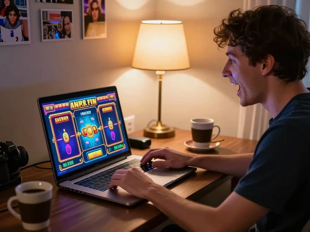 Player enjoying online slots at home with excitement, showcasing n188 gambling dynamics.