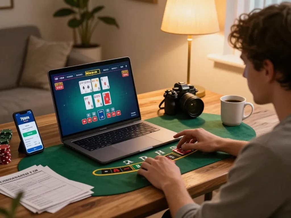 Engaging in strategic blackjack gameplay on 78WIN app in a cozy home setup.
