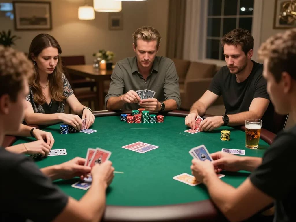 Exciting poker gameplay at home featuring F168VIP with players strategizing and engaging in a friendly competition