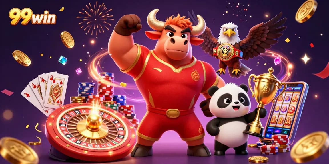 Celebrate winning with 99win's vibrant casino scene featuring a bull mascot and jackpots.