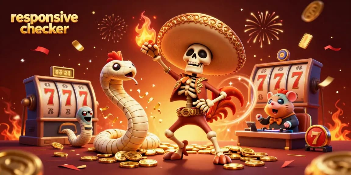 Engage with the responsive checker as a mariachi rooster celebrates a jackpot win amidst casino elements.
