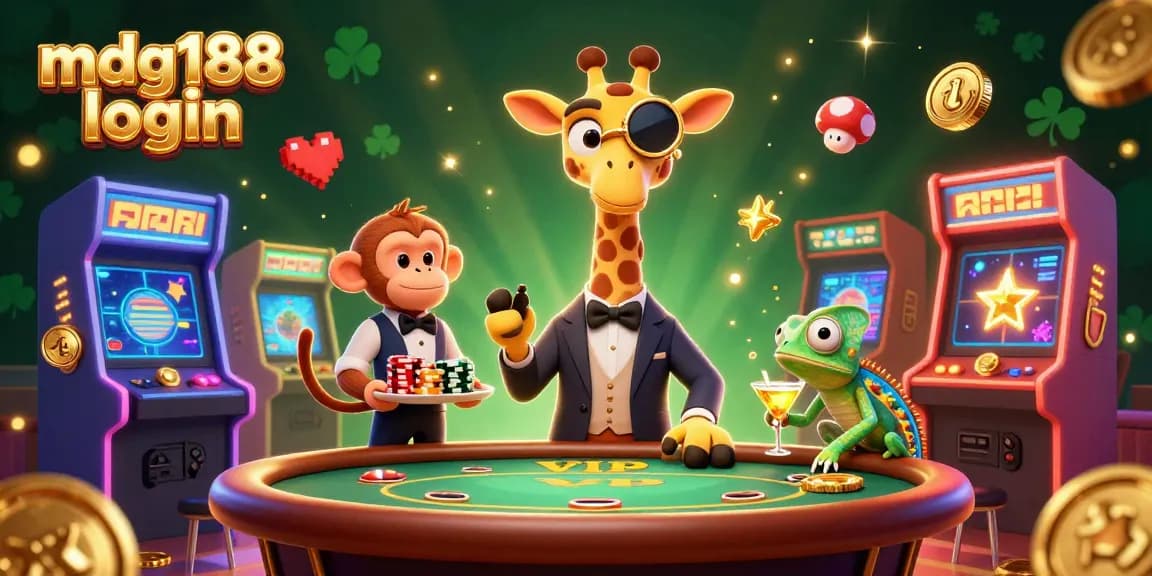 Experience the excitement of gaming with the mdg188 login featuring a joyful high-roller giraffe and colorful casino elements.