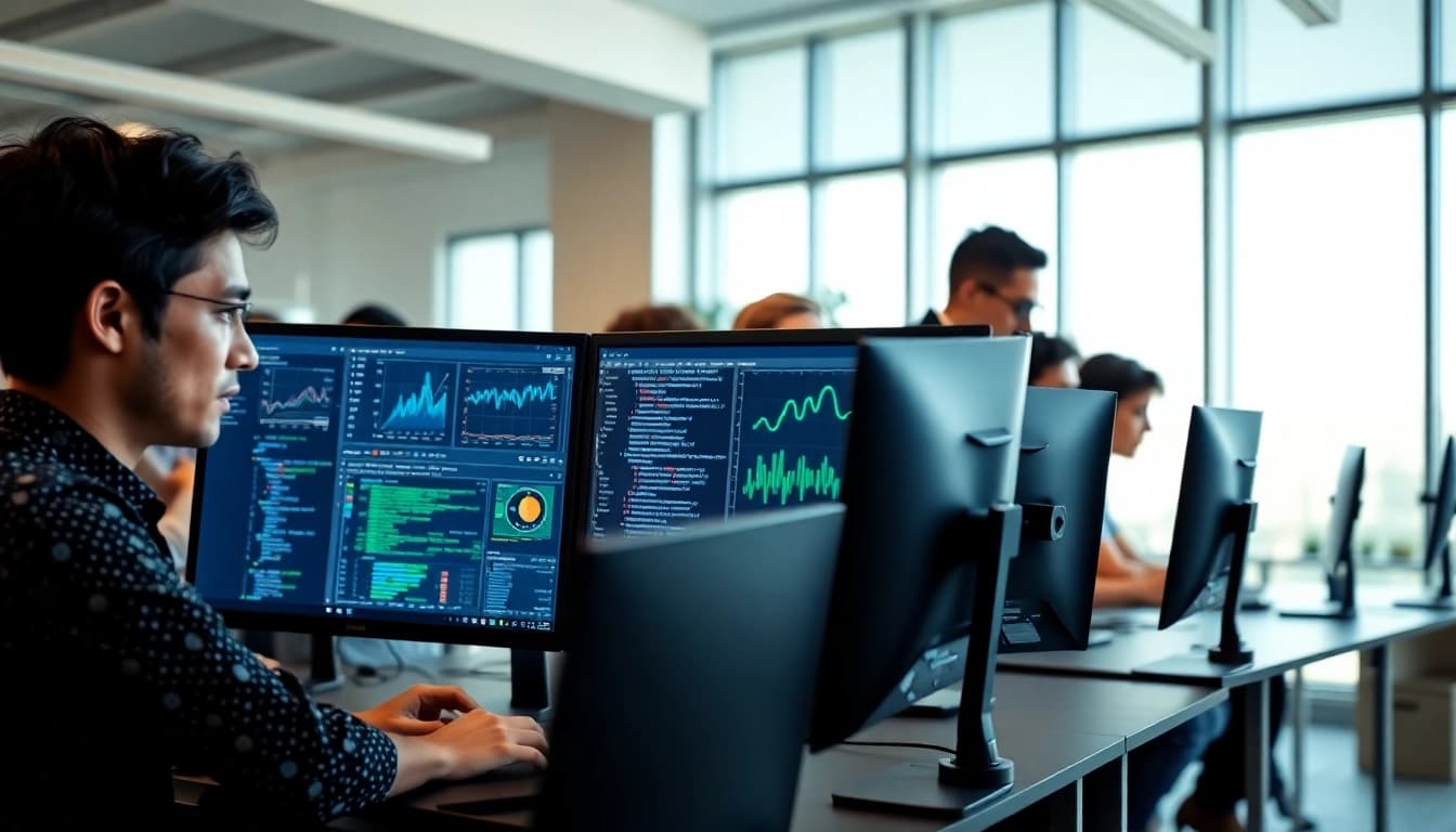 Team working on innovative AI Software in a modern office setting with dual monitors.