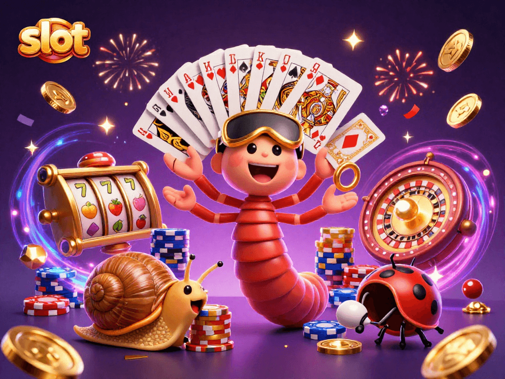Mesin slot dengan simbol buah berkilauan, dealer kartun, dan kerumunan uang emas bersinar.