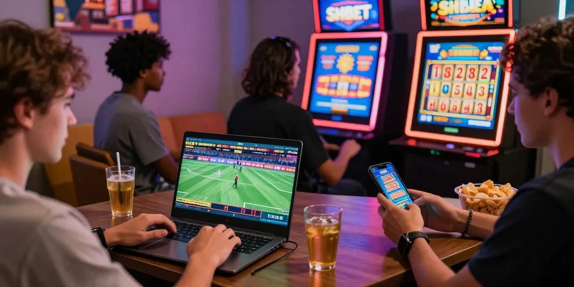 Dynamic scene of enthusiastic players enjoying shbet online gaming experience with laptops and smartphones.