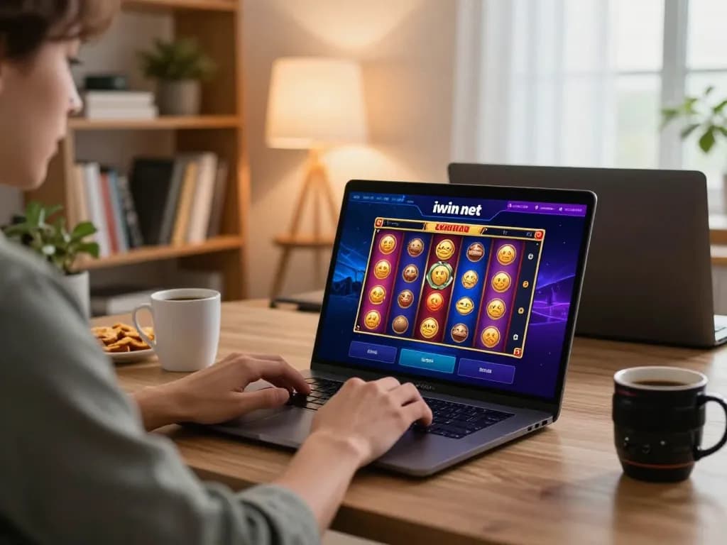 Enjoying the iwin net gaming experience on a laptop with vibrant slot visuals and a cozy atmosphere.