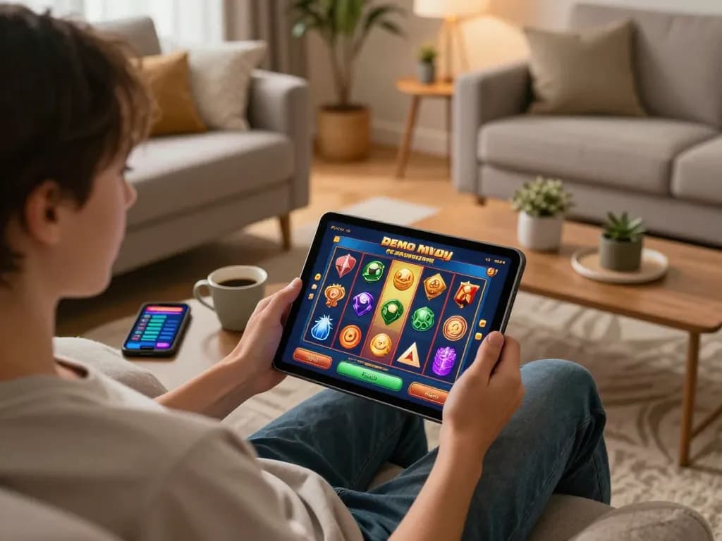 Engaging gameplay of Demo Slot Pragmatic on a tablet in a cozy home setting, highlighting responsible gambling.
