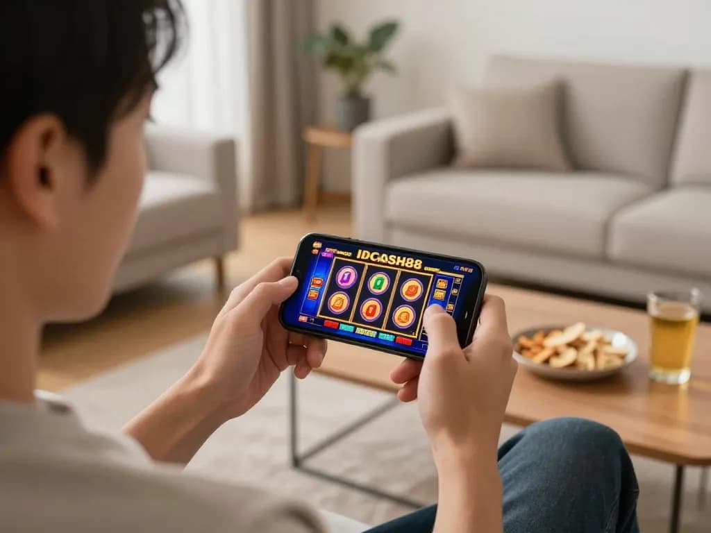 Player enjoying thrilling slots on IDCASH88 from their cozy living room, showcasing excitement and engagement.