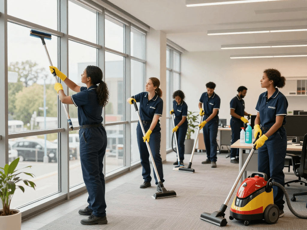 Professioneller Reinigungsdienst in Dortmund, Team bei der Arbeit, Sauberkeit und Qualität im Büro.