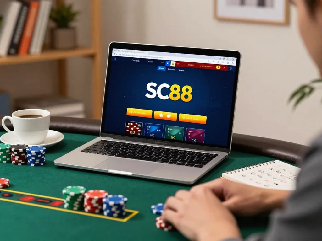 Player engaging with the sc88 online casino on a laptop, highlighting a strategic betting setup.