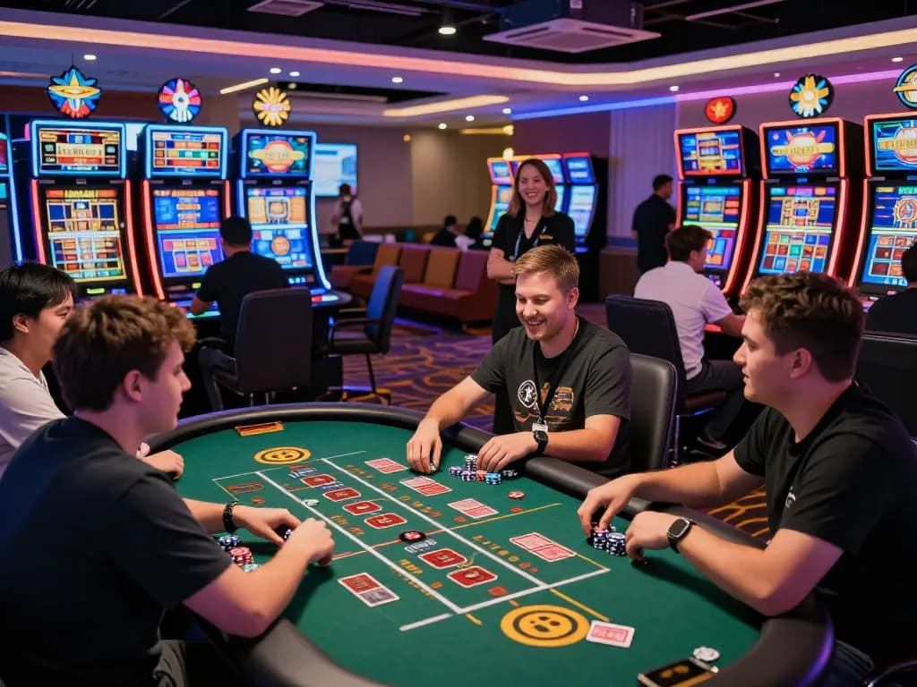 Online casino scene at nk88 with players enjoying vibrant games and modern atmosphere.