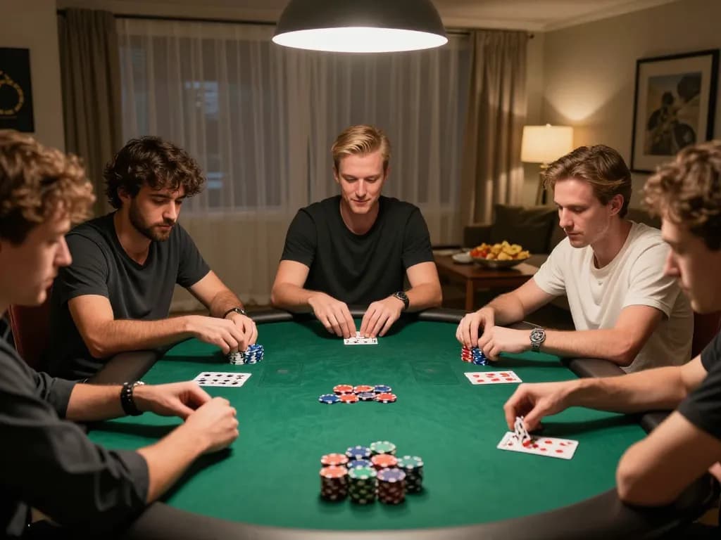 hb88 players engaged in a home poker game under warm lighting, chips prominently stacked on the table