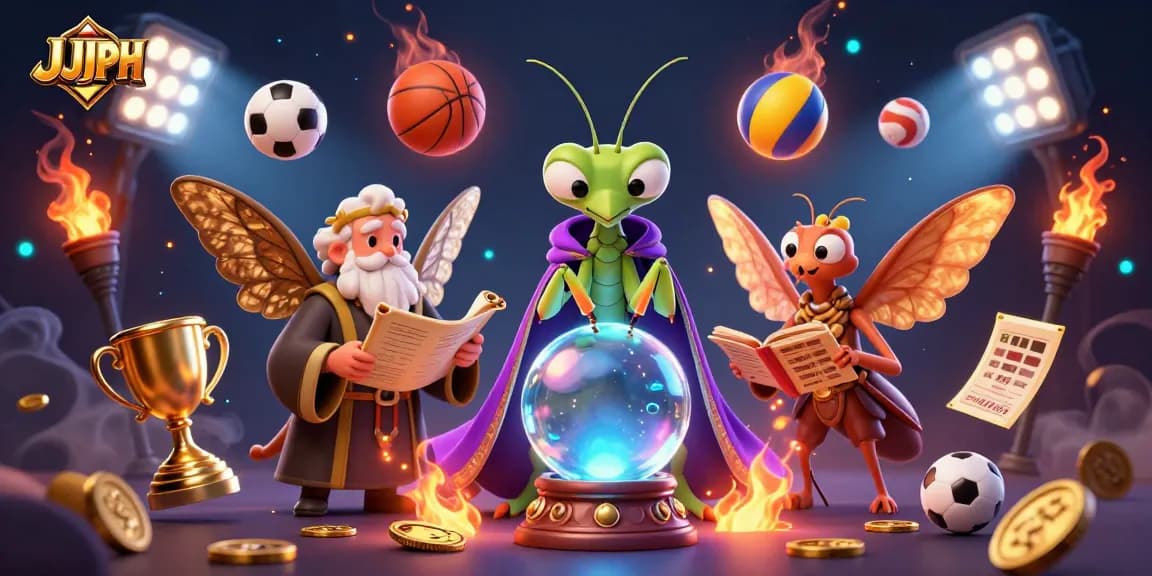 Discover JJJPH with a vibrant scene of a fortune teller and sports elements depicting casino excitement.