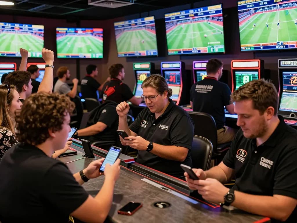 Wetten in einer lebhaften Sportwettenumgebung mit sichtbarem Immobilienmakler Frankfurt Sachsenhausen, der die Aufregung des Live-Gameings zeigt.