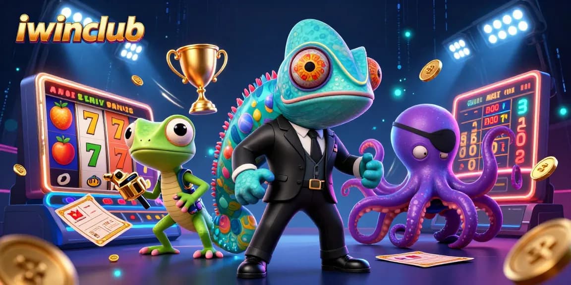 iwinclub showcases thrilling slot games in a vibrant casino scene with colorful characters and dynamic action
