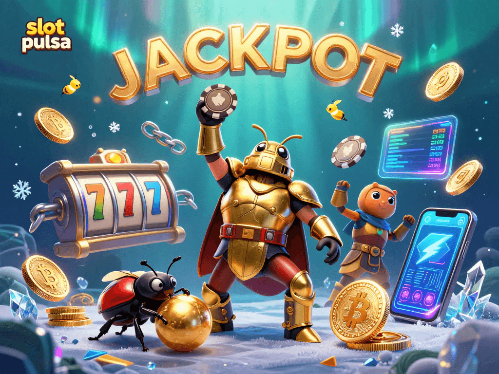 Win big with slot pulsa in a vibrant 3D casino scene featuring beetles and glowing coins.