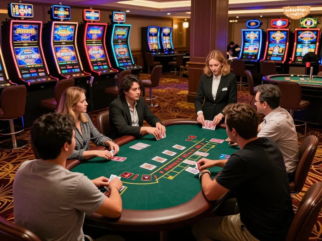 FIVE88 blackjack players making strategic bets at an elegant casino table, showcasing intense gameplay
