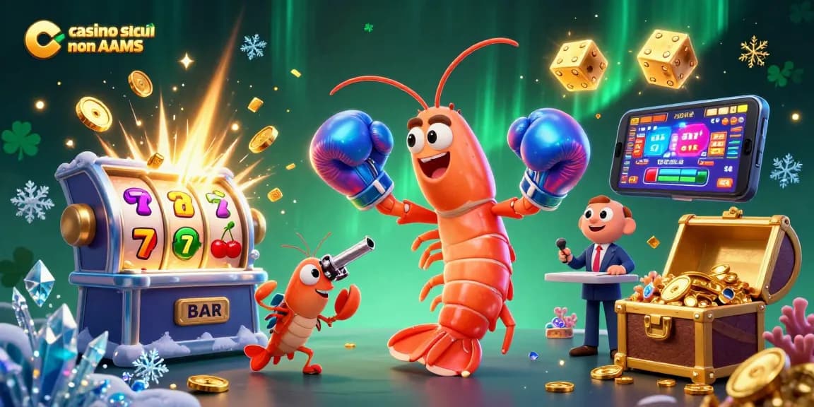 Illustrazione coinvolgente di casino sicuri non AAMS con personaggi vivaci ed elementi di gioco dinamici.