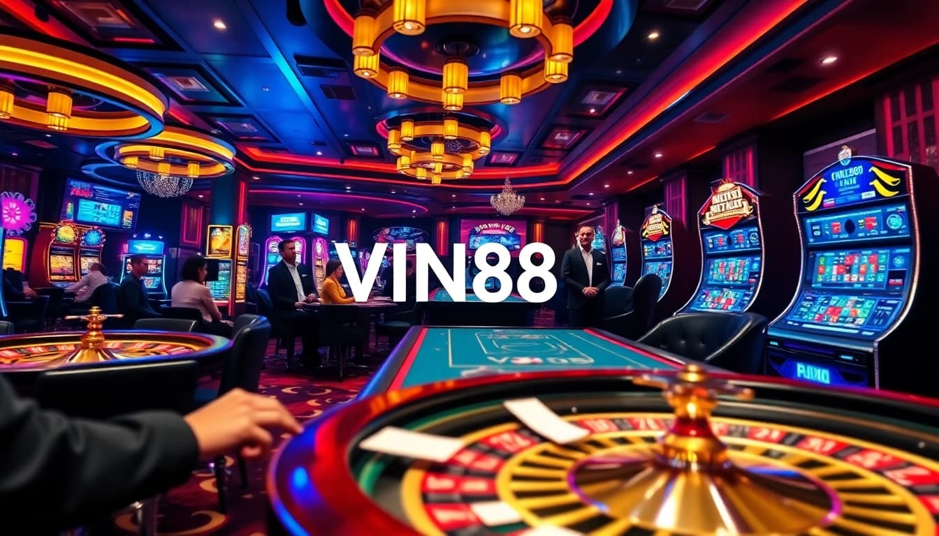 Experience thrilling gameplay at VIN88 with dynamic casino elements like poker tables and vibrant slot machines.