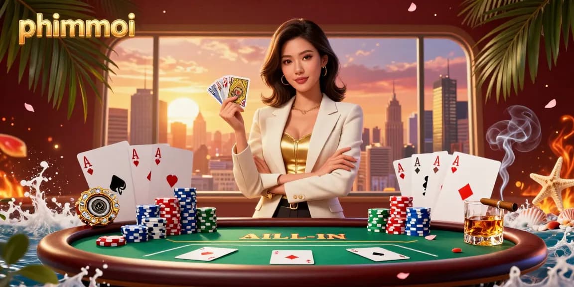 Play phimmoi's exciting games with a stunning businesswoman in a vibrant casino setting.