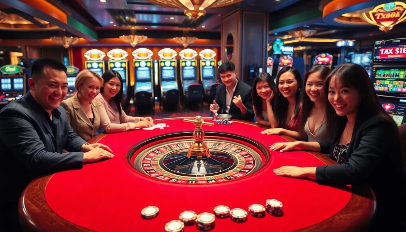 Excited players engaging at the TX88 table in a luxury casino environment.