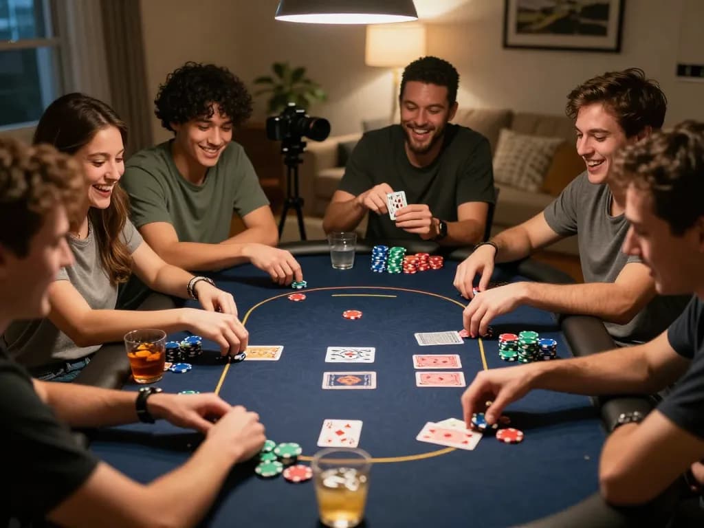 Friends enjoying an intense poker game night at home featuring XX88 cards and chips