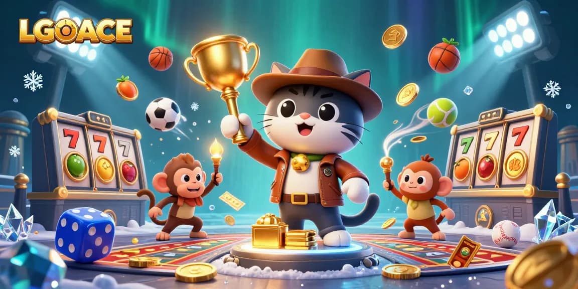 LGOACE features a cat archaeologist uncovering a golden casino artifact amid dynamic slot reels.