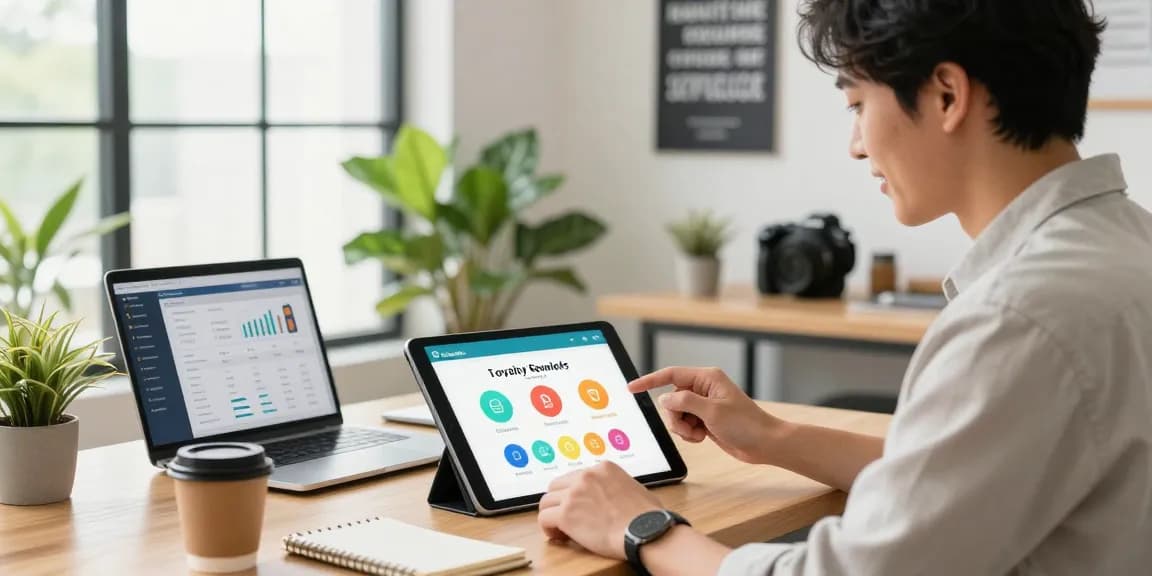Small business owner using loyalty software to engage customers and track rewards in a bright office.