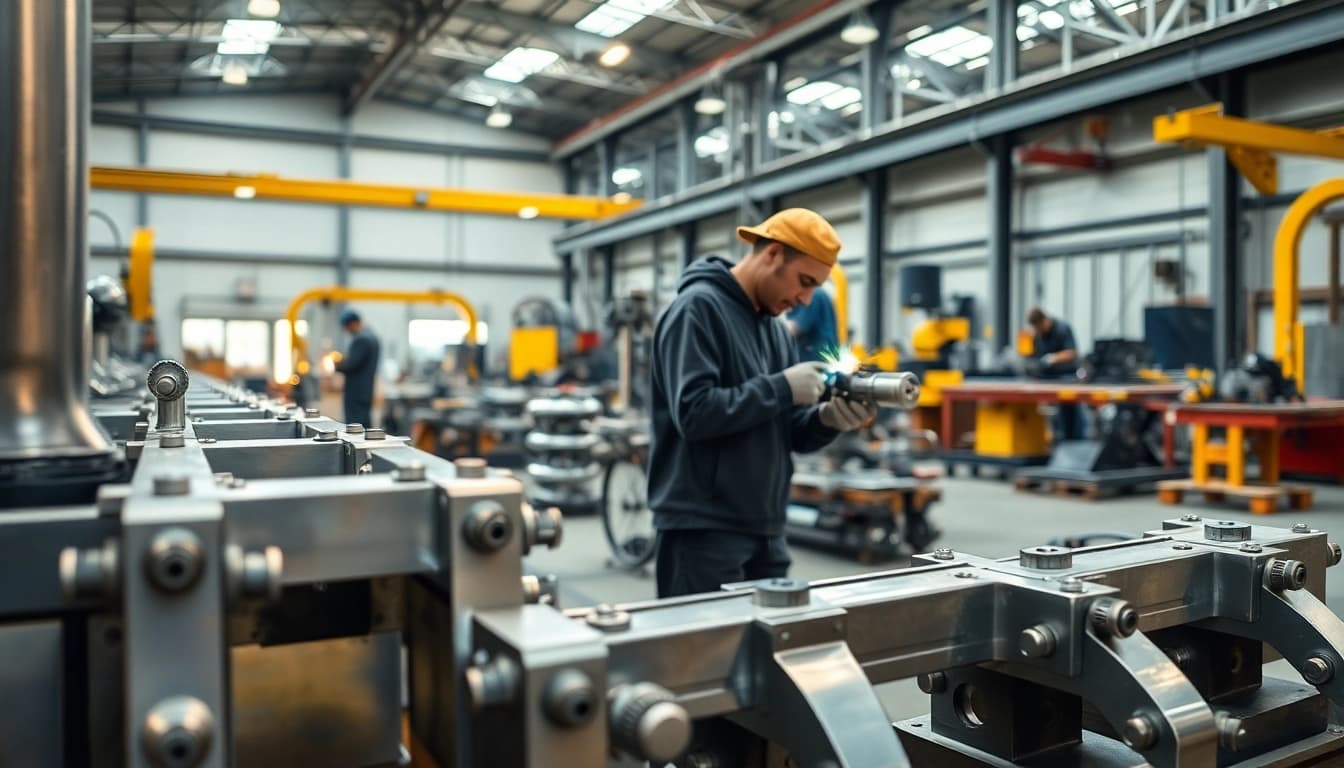 Steel fabrication shop where skilled artisans work on intricate metal structures.