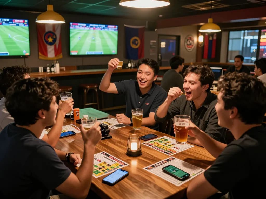 Engaged sports fans placing bets on judi bola during a live football game at a bustling sports bar