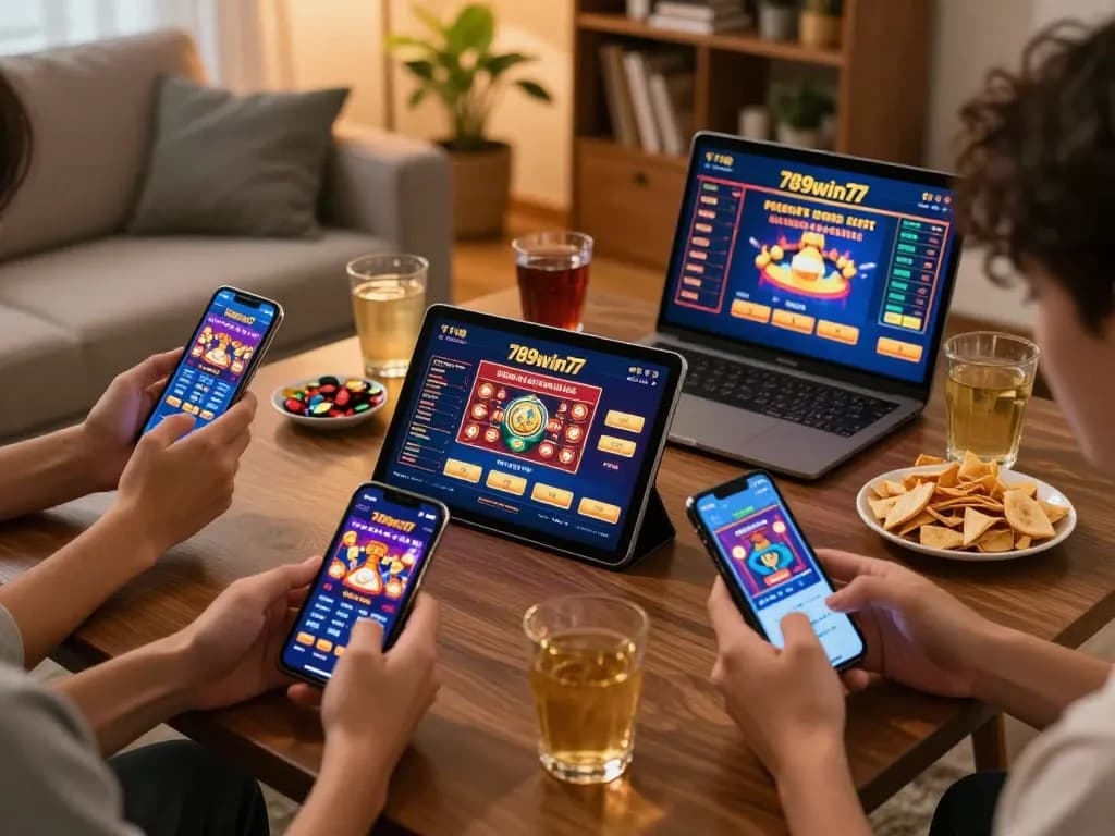 Players engaging with multiple devices using 789win77 casino app in a warm home setting.