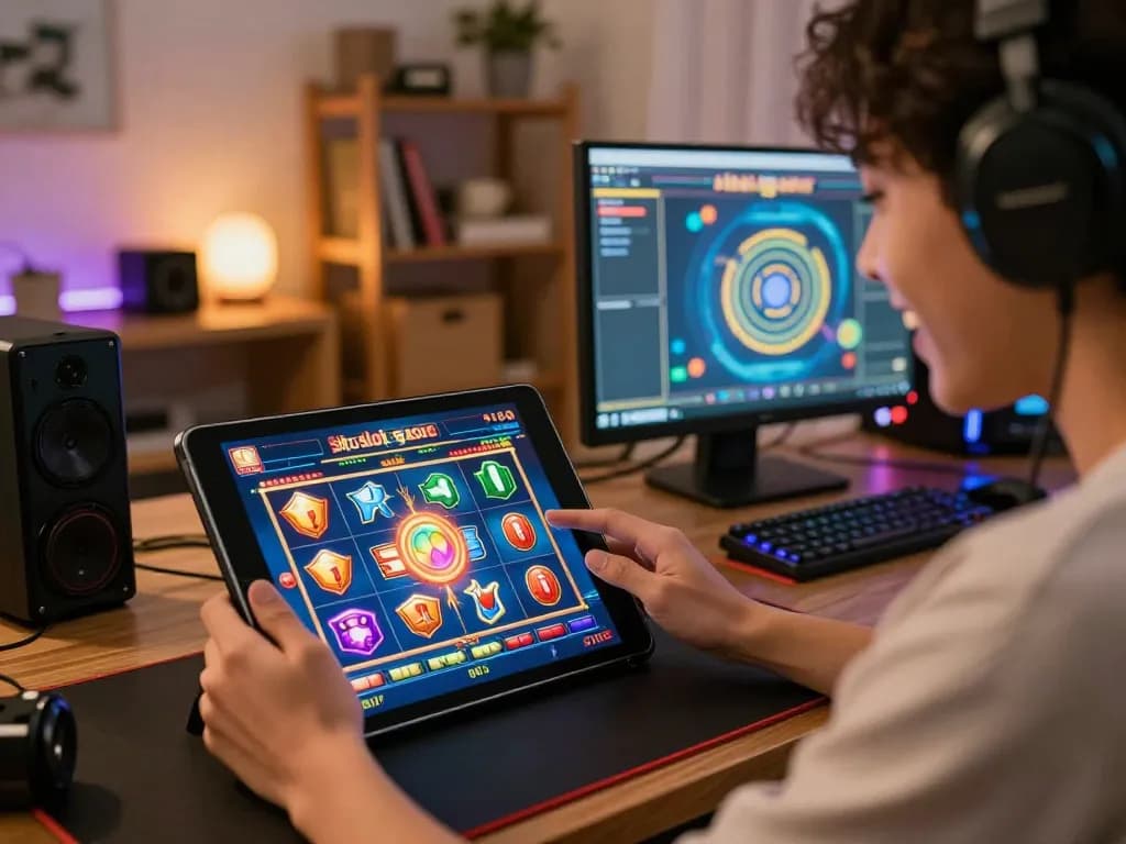 A person enjoying an exciting experience on situs slot gacor using a tablet, captivated by lively slot game visuals.