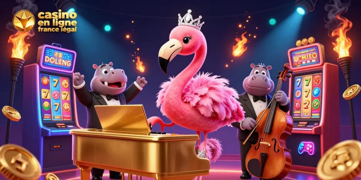 Illustration captivante de casino en ligne France légal avec des personnages animés et des machines à sous.