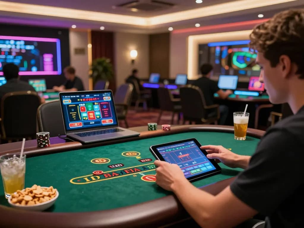 Engaged player using lc88 for live dealer baccarat game on tablet amidst a cozy gaming atmosphere.