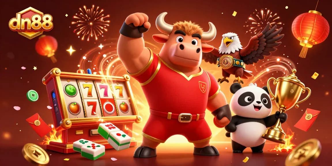 Engage with dn88's thrilling slot game atmosphere featuring a vibrant 3D scene of celebratory characters and dynamic game elements.