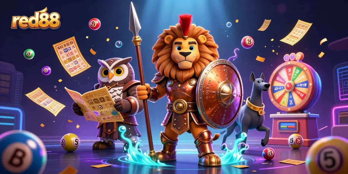 Join red88's thrilling world of gaming featuring a heroic lion, owl strategist, and greyhound amidst dynamic lottery elements.