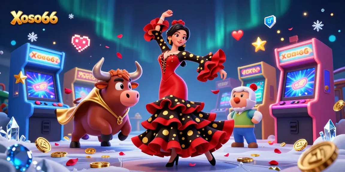 Xoso66 takes center stage as a lively 3D illustration with a dancing woman, a bull, and arcade game elements.