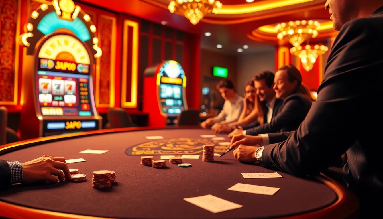 High-stakes poker players experience thrilling moments with MMOO chips in a vibrant casino.