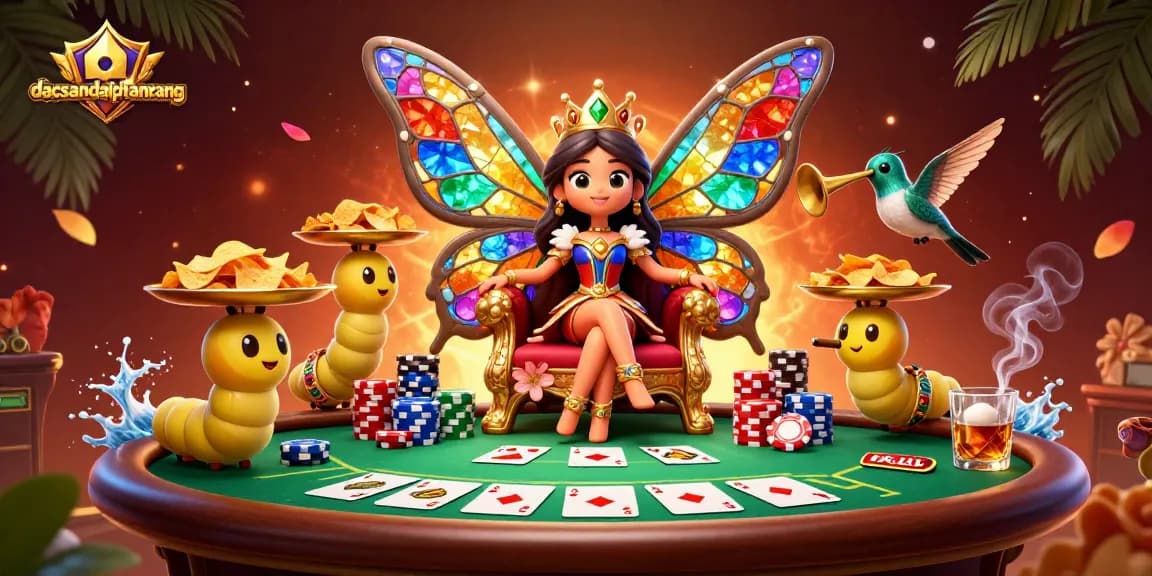 Bet and win at dacsandatphanrang with vibrant poker action featuring a butterfly queen and treasures.