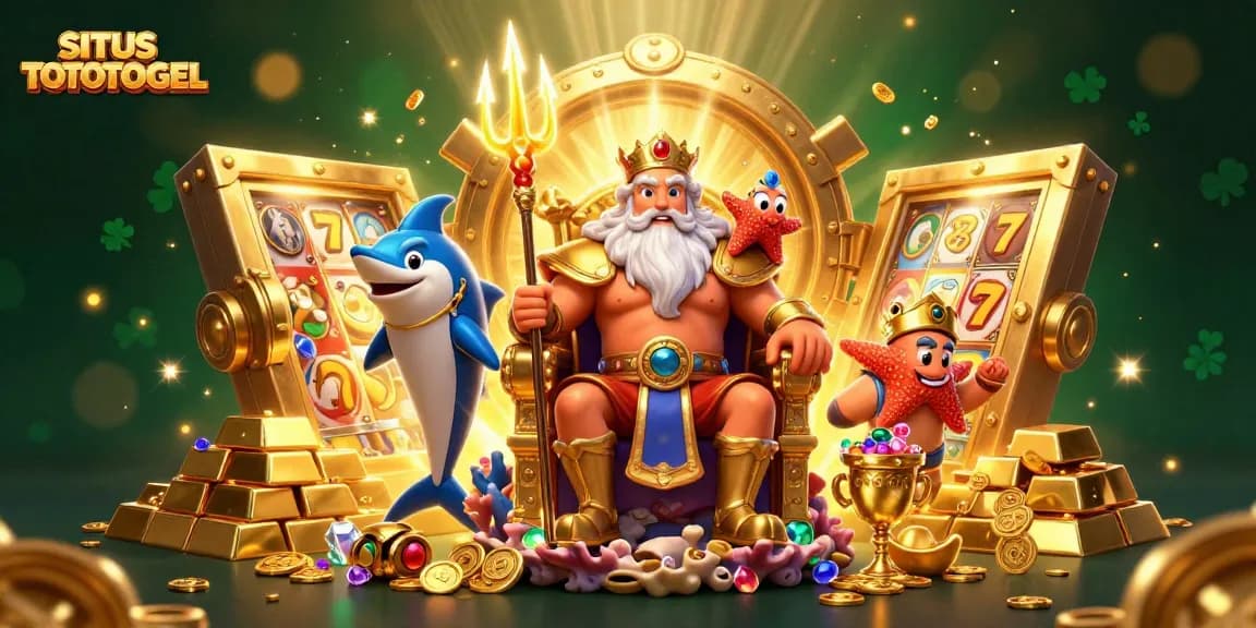 SITUS TOTOTOGEL showcases a vibrant 3D casino scene featuring a cartoony Neptune, gold treasures, and slot reels.