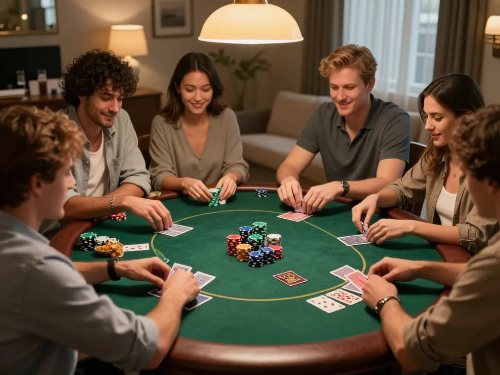 Poker players enjoying a lively game during home gathering with engaging play on viral4d site.