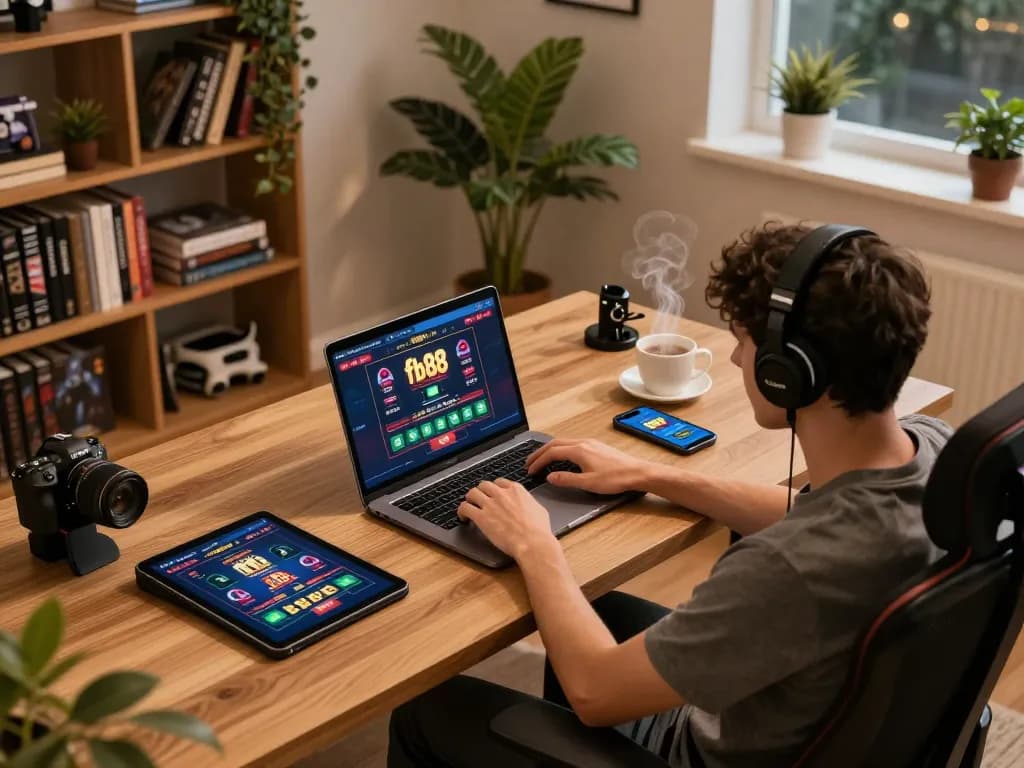 Person playing fb88 casino games at home using a laptop, creating a relaxed and strategic gaming atmosphere.