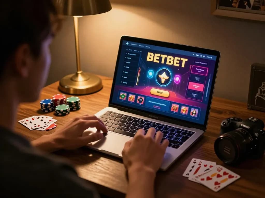 Engaging in an immersive betbet online gaming experience with laptop and gaming accessories.