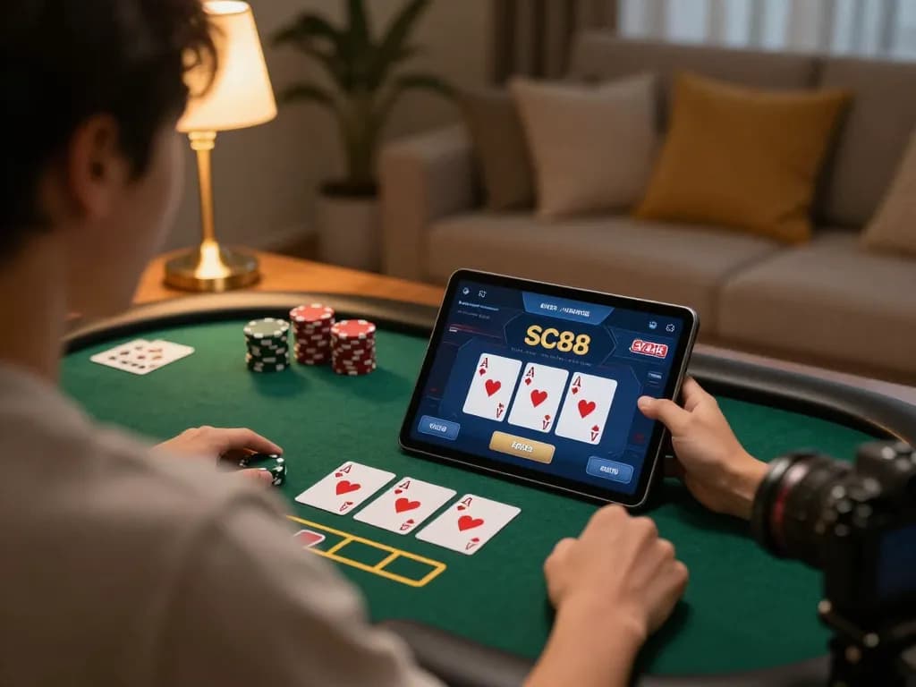 Player enjoying online SC88 poker game on tablet in a cozy home setting.