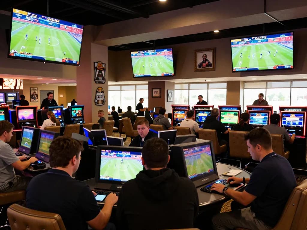 Exciting sports betting atmosphere at FB88 with players engaged in live bets on mobile devices