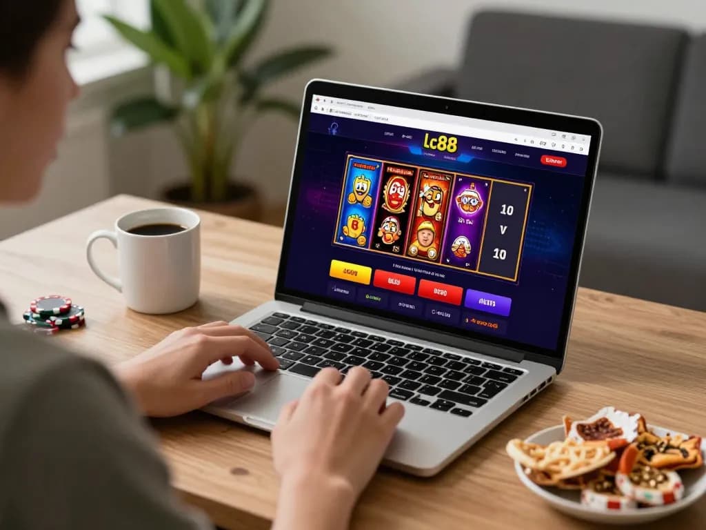 Engaging player using lc88 online casino interface on laptop in a cozy home setting.